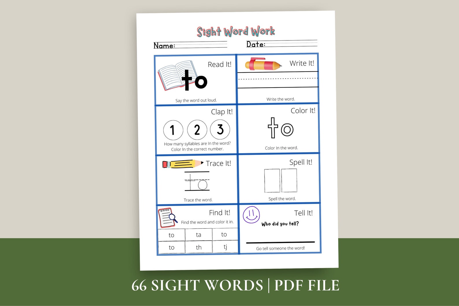 66 Sight Words for Preschool, Kindergarten Sight Word Worksheets ...