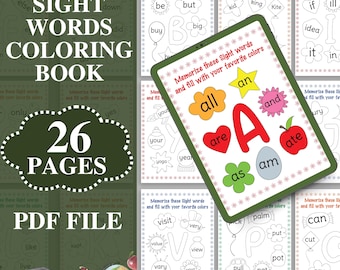 Puede incluir: Un libro imprimible colorido con 26 páginas de palabras de vista para que los niños coloreen. El libro presenta una variedad de palabras, que incluyen "all", "are", "as", "am", "ate", "be", "but", "buy", "big", "can", "cut", "cry", "do", "did", "else", "if", "ill", "idea", "it", "in", "is", "it", "in", "keep", "like", "live", "of", "on", "only", "our", "out", "palm", "pat", "put", "pot", "pull", "see", "so", "say", "the", "to", "two", "try", "us", "up", "very", "visit", "value", "view", "vary", "vast", "was", "we", "will", "with", "want", "what", "where", "why", "who", "yes", "you", "your", "yoga", "year", "and", "ate", "king", "kite", "kid".
