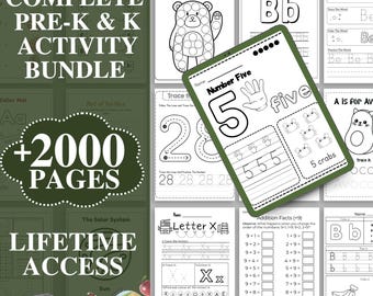 May include: A colorful image with the text "Complete Pre-K & K Activity Bundle +2000 Pages Lifetime Access" and several black and white images of educational worksheets for preschool and kindergarten children. The worksheets include tracing letters and numbers, dot-to-dot activities, and simple addition problems.