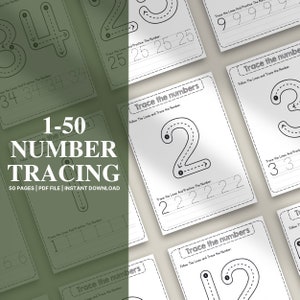 1-50 Printable Number Tracing, Preschool Worksheets Numbers, Number Tracing For Kindergarten, Traceable Numbers PDF, Handwriting Practice