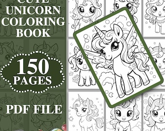 Libro para colorear de unicornios, 150 páginas imprimibles (descarga digital)
