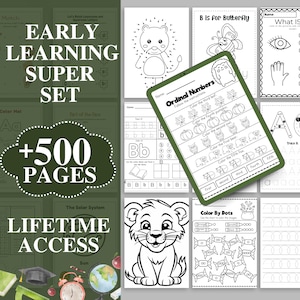 May include: A collage of printable worksheets for early learning. The worksheets feature various activities, including matching, colouring, tracing, and counting. The text "Early Learning Super Set +500 Pages Lifetime Access" is displayed on a green background.