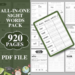 May include: A printable pack of 920 pages for learning sight words. The pack includes worksheets with activities such as reading, tracing, and writing sight words. The cover features a green and white design with the text "All-in-One Sight Words Pack 920 Pages PDF File".