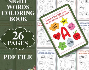 Palabras visuales imprimibles, libro para colorear, hojas de trabajo con palabras visuales, páginas de actividades para preescolar, educación en casa para niños en edad preescolar, palabras visuales por letra