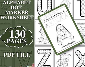 130 hojas de trabajo con marcadores de puntos, páginas para colorear con marcadores de puntos, alfabeto A-Z imprimible, alfabeto con animales, páginas de actividades preescolares en PDF