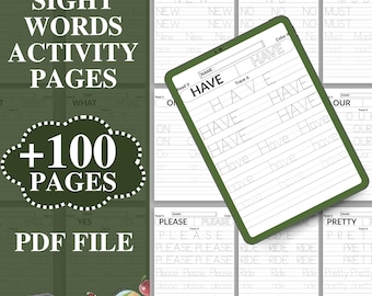 Könnte beinhalten: Lehrreiche PDF-Datei mit Arbeitsblättern für Sichtwörter. Die Seiten enthalten Schreibübungen mit Wörtern wie "have", "on" und "please". Das Cover zeigt den Text "Sight Words Activity Pages" und "+100 Pages".