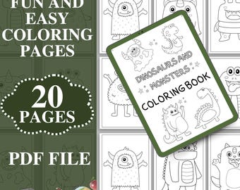 Peuter kleurboek pdf – kleurplaten dinosaurus en monster, afdrukbare werkbladen voor peuters en kleuters voor kinderen, ochtendactiviteiten