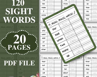 120 Printable Sight Words, Kindergarten Sight Word Worksheets, Preschool Activity Pages, 1st Grade Homeschool Activities, Instant Download