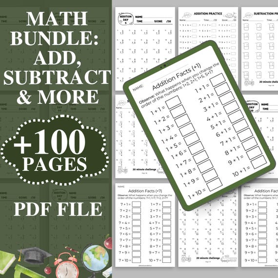 Addition And Subtraction Worksheet, 1st Grade Math Bundle, Busy Book Printable, Math Sheets, Homeschool Activity Pages, Instant Download PDF