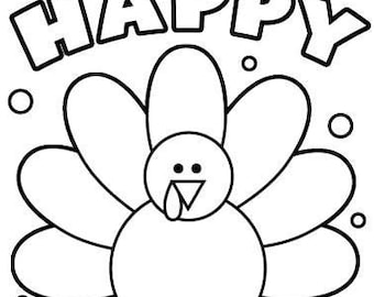 Może przedstawiać: Czarno-biała strona do kolorowania przedstawiająca indyka z napisem "Happy Thanksgiving" u góry.