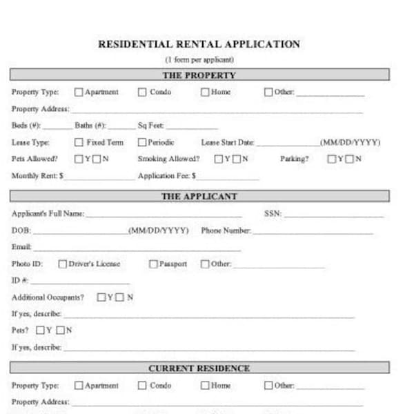 Rental Application Form Etsy