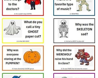 Może przedstawiać: Zbiór kart z żartami o tematyce Halloween. Każda karta zawiera pytanie i odpowiedź z ilustracjami wampira, mumii, ducha, szkieletu, dyni, wilkołaka, wiedźmy i zombie. Karty mają kolorowe obramowania.