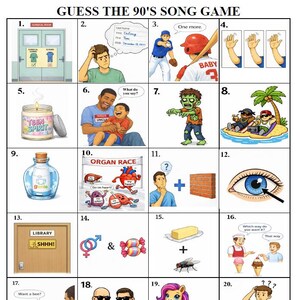 May include: A game board with 20 illustrated panels. Each panel contains a visual clue to guess a 90s song. The panels include images of a surgical room, a baseball player, a candle, a zombie, a genie bottle, and more.