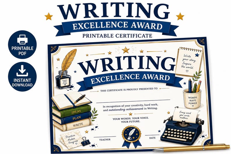 Writing Excellence Award Certificate – Printable PDF Instant Download ...