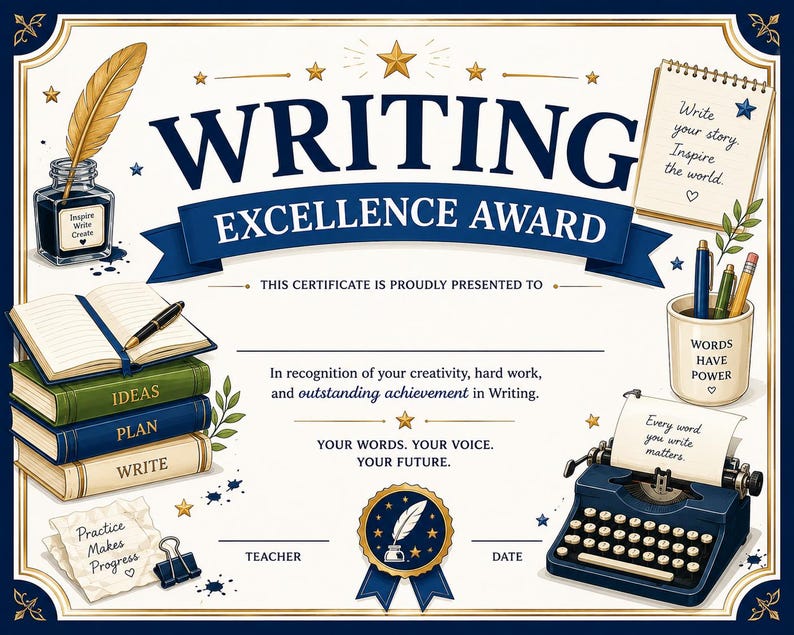 Writing Excellence Award Certificate – Printable PDF Instant Download ...