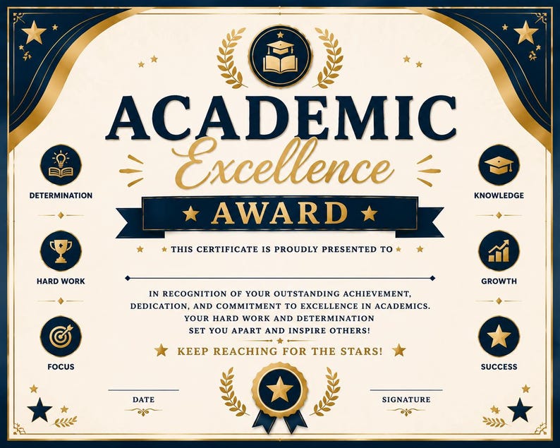 Academic Excellence Award Certificate | Printable PDF | Instant ...