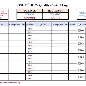 Può includere: Un registro di controllo qualità in bianco e nero per i test HCG. Il registro include colonne per la data, il lotto del kit, la data di scadenza del kit, il livello di QC, il lotto di QC, la data di scadenza del QC, il risultato, il QC accettabile e le iniziali. Il registro è intitolato "OSOM HCG Quality Control Log".