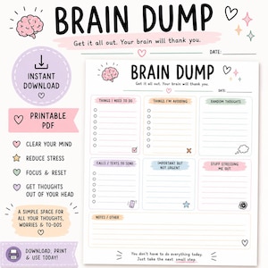ADHD Brain Dump utskrivbar PDF | Mental Clutter Organizer, återställningsblad (digital nedladdning)