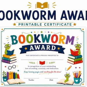May include: A colourful printable "Bookworm Award" certificate. The design includes a green bookworm reading a book, stacks of books, and the text "Printable Certificate". Ideal for students and classrooms.