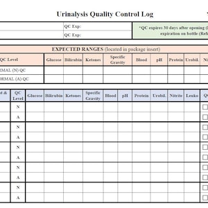 Può includere: Un registro di controllo qualità dell'analisi delle urine stampabile con una tabella per registrare i risultati. La tabella include colonne per la data, il numero di lotto, la data di scadenza, il livello di QC, il glucosio, la bilirubina, i chetoni, la gravità specifica, il sangue, il pH, le proteine, l'urobilinogeno, i nitriti, i leucociti, la QC accettabile e le iniziali.