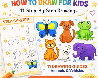 Kids Drawing Guide – 11 Step-by-Step Animals & Vehicles (PDF Pattern)