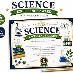 Pode incluir: Um certificado imprimível de Prêmio de Excelência em Ciências com uma borda azul marinho. O certificado apresenta ilustrações com tema científico, incluindo um microscópio, béqueres e modelos moleculares. O texto diz "Science Excellence Award".