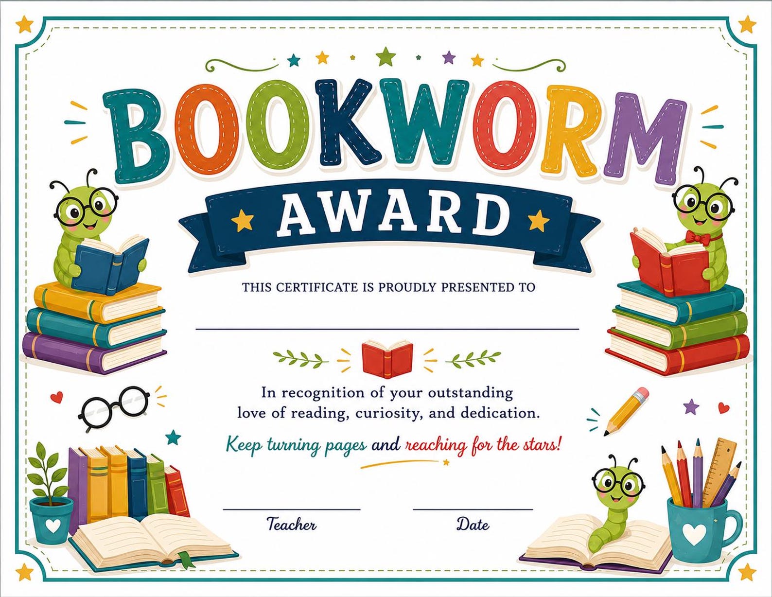 Bookworm Award Certificate for Students | Reading Achievement Printable ...