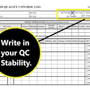 May include: A black and white log sheet for recording urinalysis quality control results. The sheet includes columns for date, QC level, glucose, bilirubin, ketones, specific gravity, blood, pH, protein, urobilinogen, nitrite, leukocytes, QC acceptable, and initials. The sheet also includes a yellow box with the text "QC Storage: Room Temp Refrigerated Frozen" and "QC Stability: 30 Days".