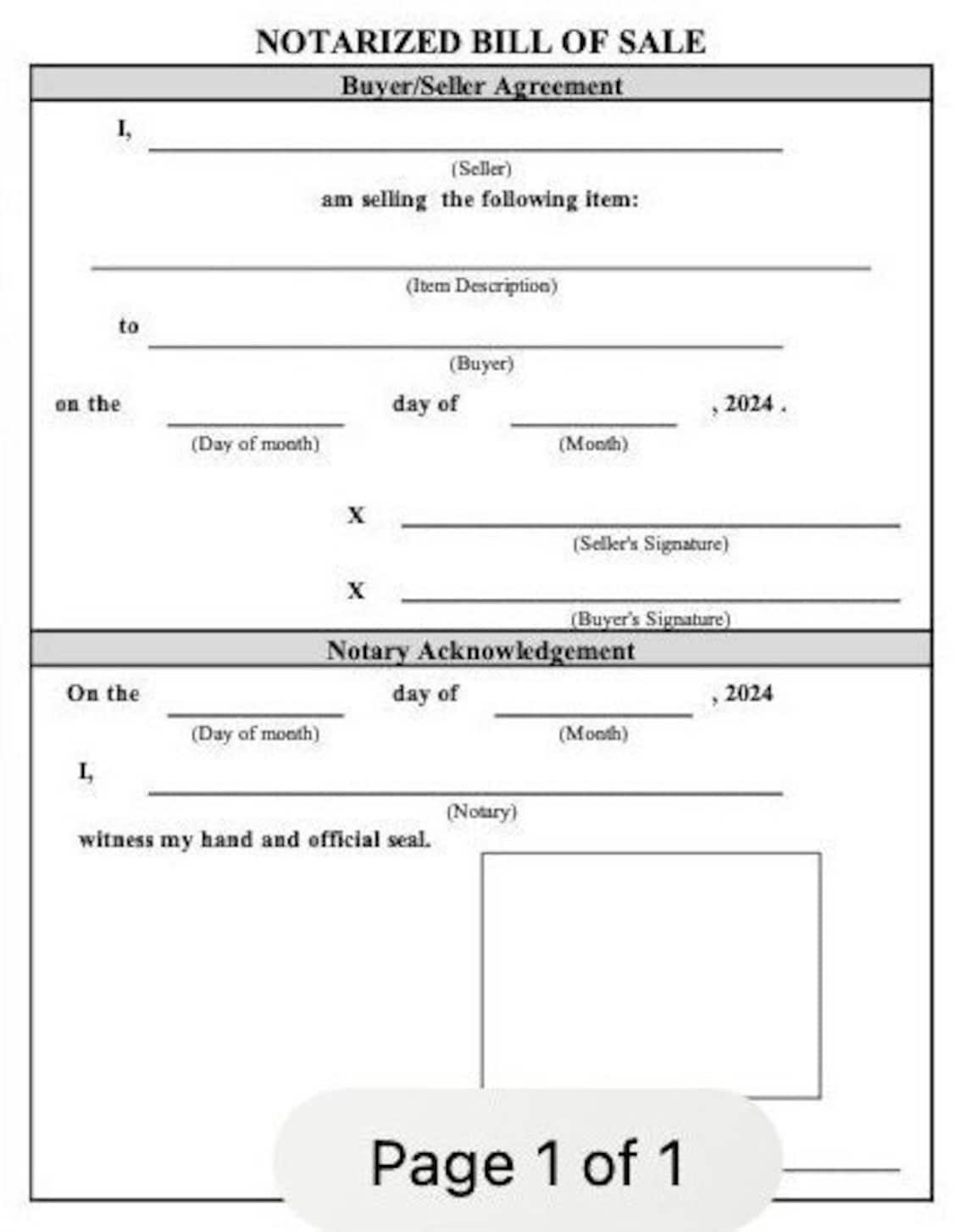 Notarized Bill of Sale Template Etsy