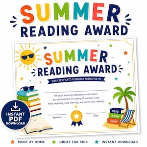 Op de afbeelding: Een Summer Reading Award certificaat met een lachende zon met zonnebril, een stapel kleurrijke boeken met zonnebril, een open boek, een palmboom en een strandstoel. De tekst luidt Summer Reading Award en bevat lijnen voor een handtekening en datum.