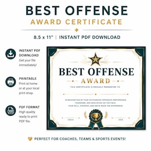 May include: A certificate with the text "BEST OFFENSE AWARD CERTIFICATE" in gold and dark teal. The certificate is 8.5 x 11 inches and available as an instant PDF download. Includes a star and trophy graphic, and space for coach and date.