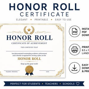 Könnte beinhalten: Eine Ehrenurkunde mit goldenen Akzenten und marineblauem Text. Die Urkunde enthält die Worte "Honor Roll Certificate of Achievement" und "Perfect for Students, Teachers, Schools". Die Urkunde ist 21,6 x 27,9 cm groß.