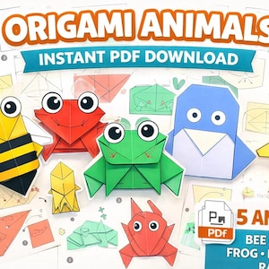 Origami-dieren voor kinderen – 5 eenvoudige tutorials voor het vouwen van papier | Bij Krab Kikker Pinguïn Konijn | Directe pdf-download