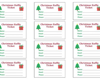 May include: A sheet of Christmas raffle tickets. Each ticket has a green Christmas tree and a red gift box graphic. The tickets are labeled "Christmas Raffle Ticket" with spaces for name, email, and phone.