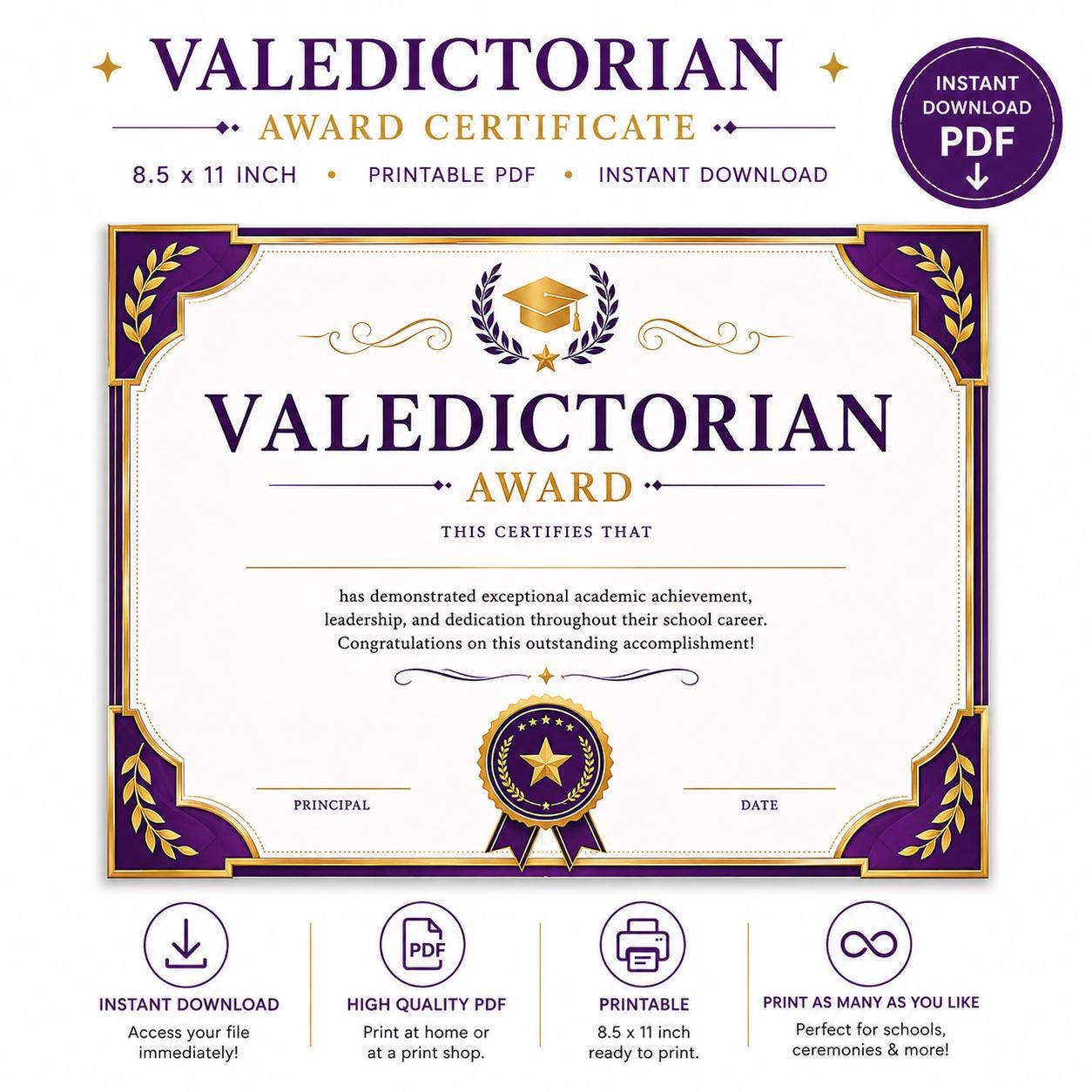 Valediction Sticker Valedictorian Award Certificate Printable PDF | Graduation Recognition ...