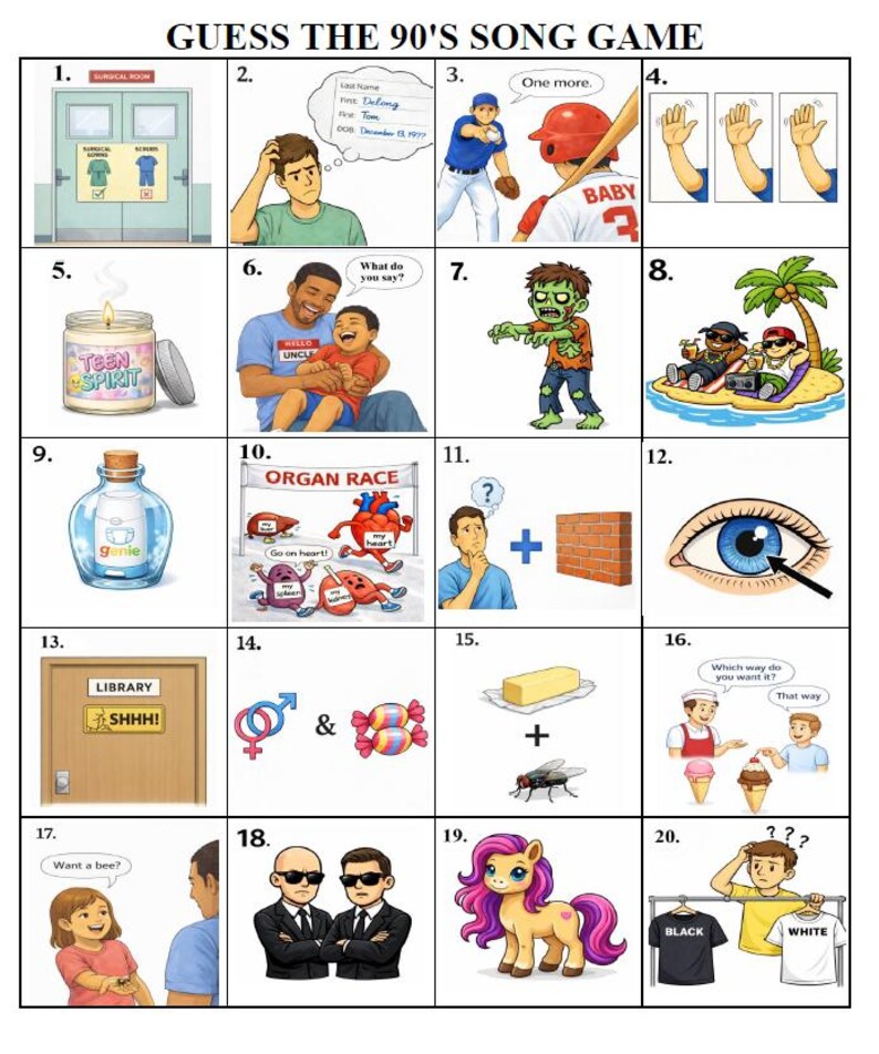 May include: A game board with 20 illustrated panels. Each panel contains a visual clue to guess a 90s song. The panels include images of a surgical room, a baseball player, a candle, a zombie, a genie bottle, and more.