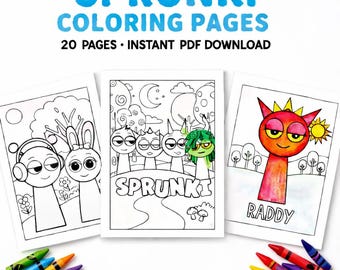 20 páginas para colorear de SPRUNKI: descarga instantánea en PDF para niños, actividades divertidas y manualidades en el aula.