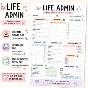 Può includere: Un pianificatore Life Admin stampabile in formato A4 (21 x 29,7 cm). Il design include sezioni per contatti, appuntamenti, liste di cose da fare, monitoraggio delle bollette, password, farmaci e informazioni di emergenza. Lo schema dei colori è rosa, viola e bianco.