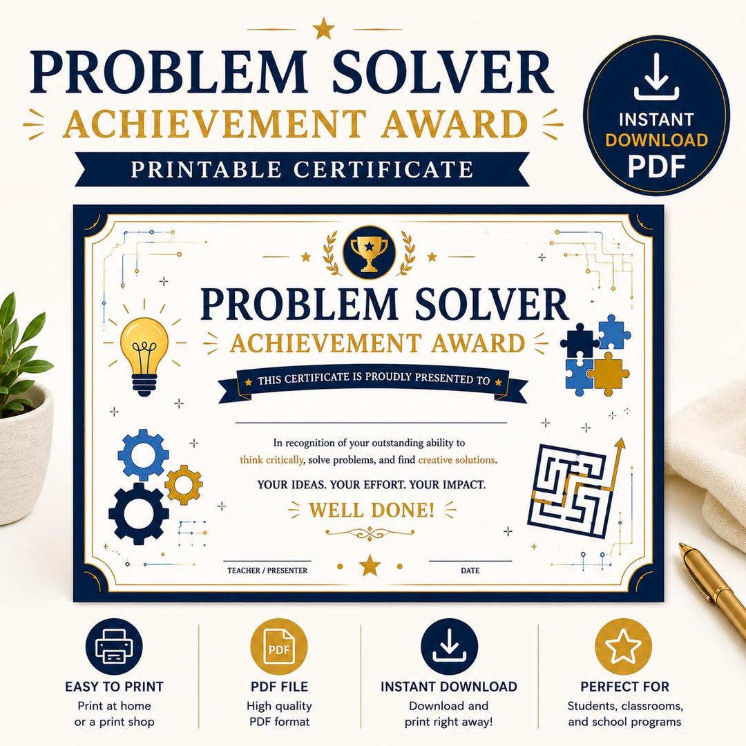 Problem Solver Achievement Award Certificate – Printable PDF Instant ...