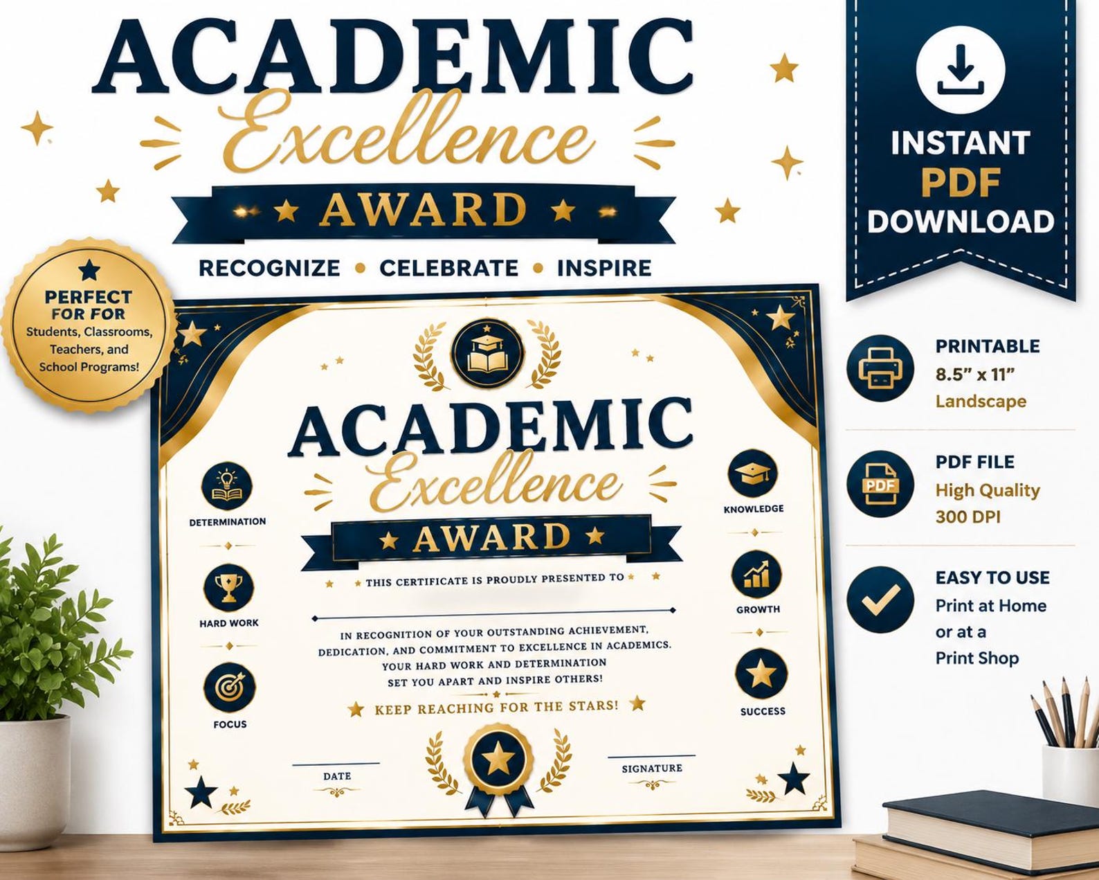 Academic Excellence Award Certificate | Printable PDF | Instant ...