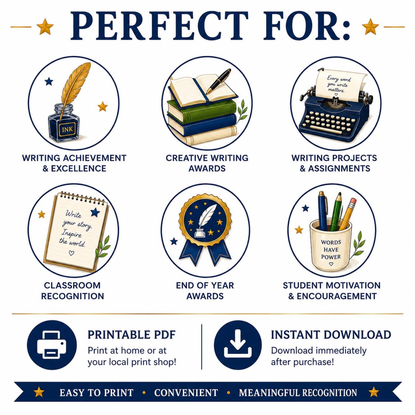 Writing Excellence Award Certificate – Printable PDF Instant Download ...