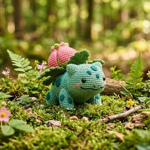 Peut inclure: Une figurine Bulbasaur au crochet dans un cadre forestier. La figurine est principalement turquoise avec des taches turquoise plus foncées, une fleur rose sur le dos et des feuilles vertes. La figurine est entourée de mousse et de feuillage verts.