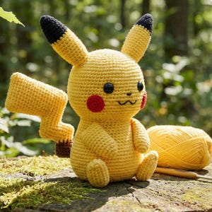 Peut inclure: Poupée Pikachu au crochet jaune avec des oreilles à pointes noires, des cercles rouges sur les joues et une bouche en zigzag. La poupée est posée sur une surface moussue avec une pelote de laine jaune et un crochet.
