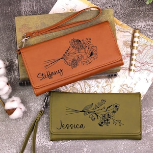 Cartera de mujer con flor de nacimiento, monedero de cuero con cremallera, cartera de mujer de cuero, regalo de cumpleaños personalizado, cartera de cuero grabada, regalo para ella