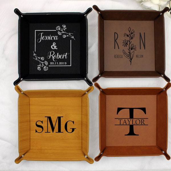 Personalized Valet Tray, Custom Catch All Tray, Custom Engraved Vegan Leather Tray, Gift for Her, Custom Desk Storage, Custom Office Gifts
