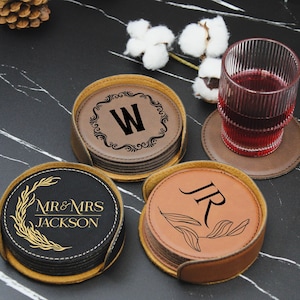 Personalized Leather Coasters, Custom Leather Coasters with Holder, Housewarming gifts, Engraved Coasters, Coaster Set, Gift for New Home