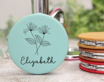 Personalized Compact Mirror, Birth Flower Compact Mirror, Engraved Pocket Mirror, Custom Travel Mirror, Birth Flower Gift, Bridesmaid Gifts