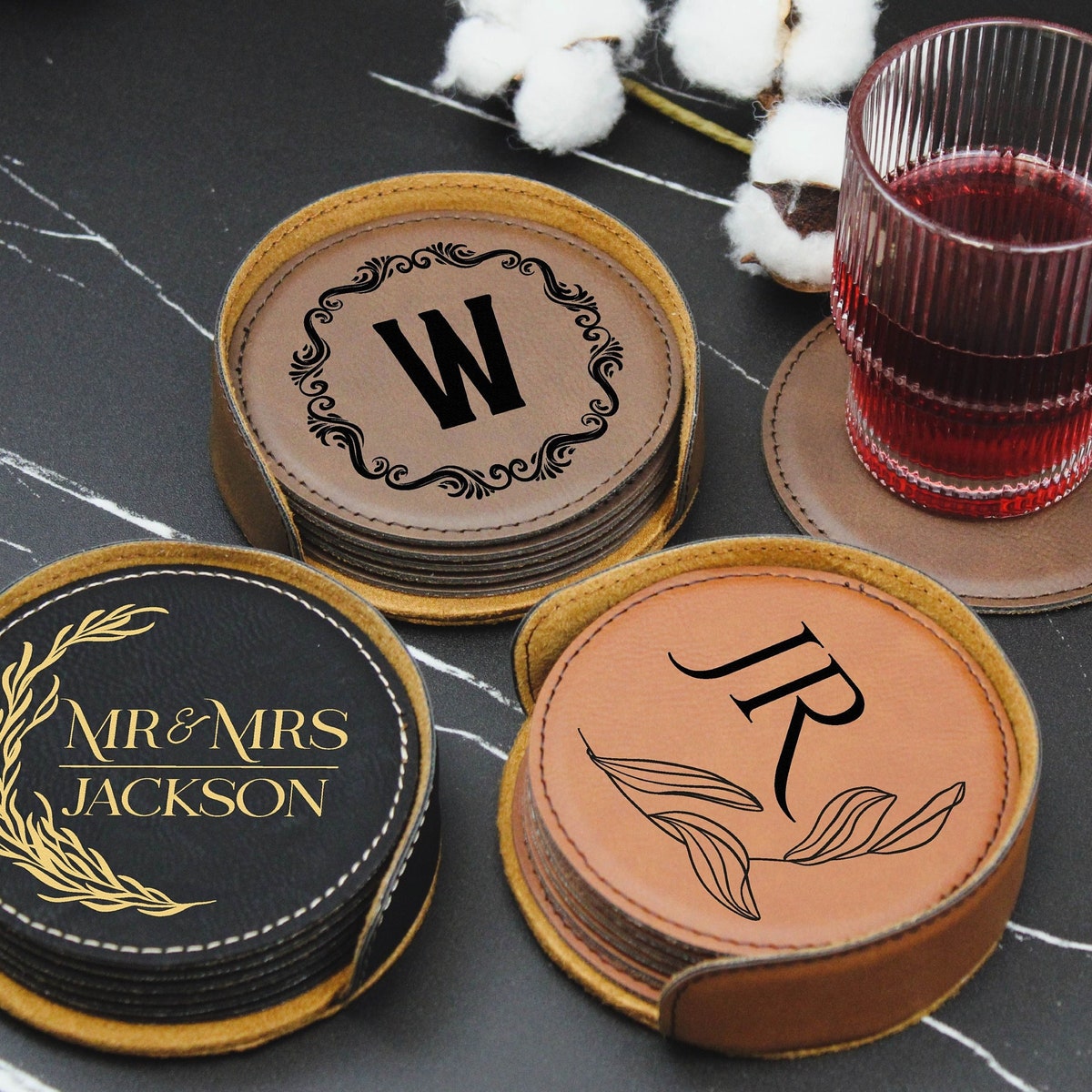Personalized Leather Coasters, Custom Leather Coasters With Holder, Housewarming Gifts, Engraved Coasters, Coaster Set, Gift for New Home - Etsy