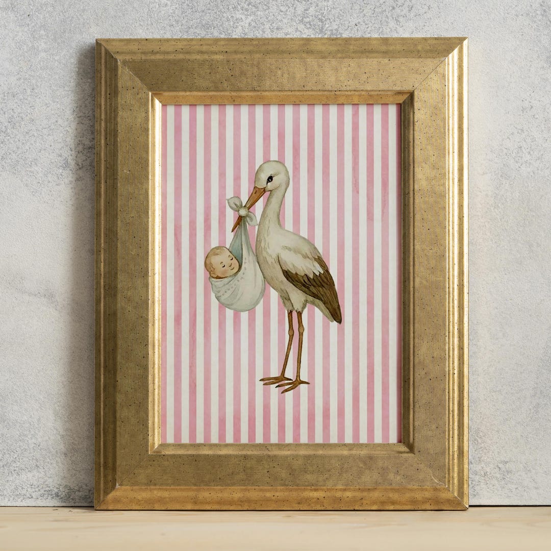 Storks Storybook Vintage Stork & Baby Pink Nursery Art, Watercolor Storybook ...