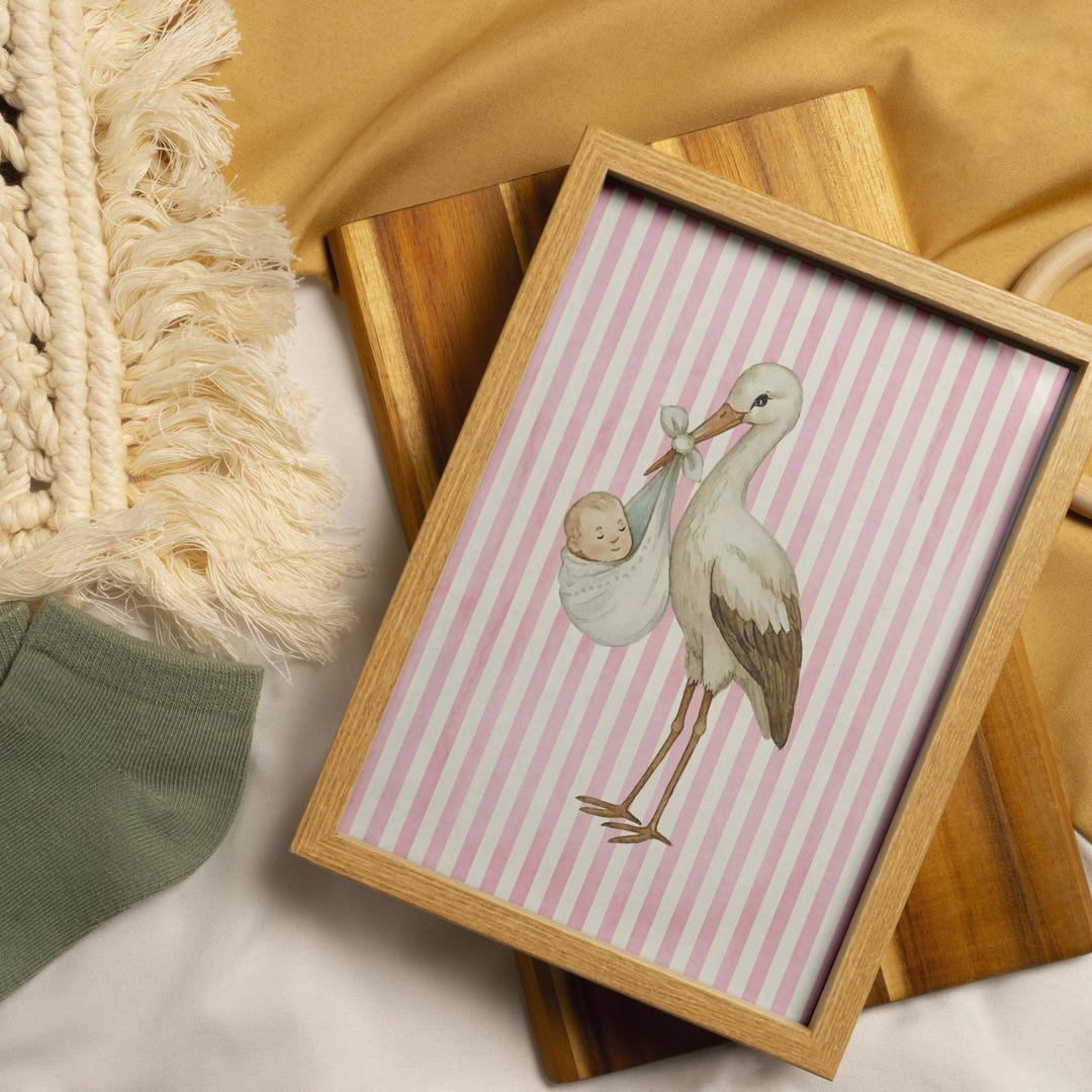 Storks Storybook Vintage Stork & Baby Pink Nursery Art, Watercolor Storybook ...